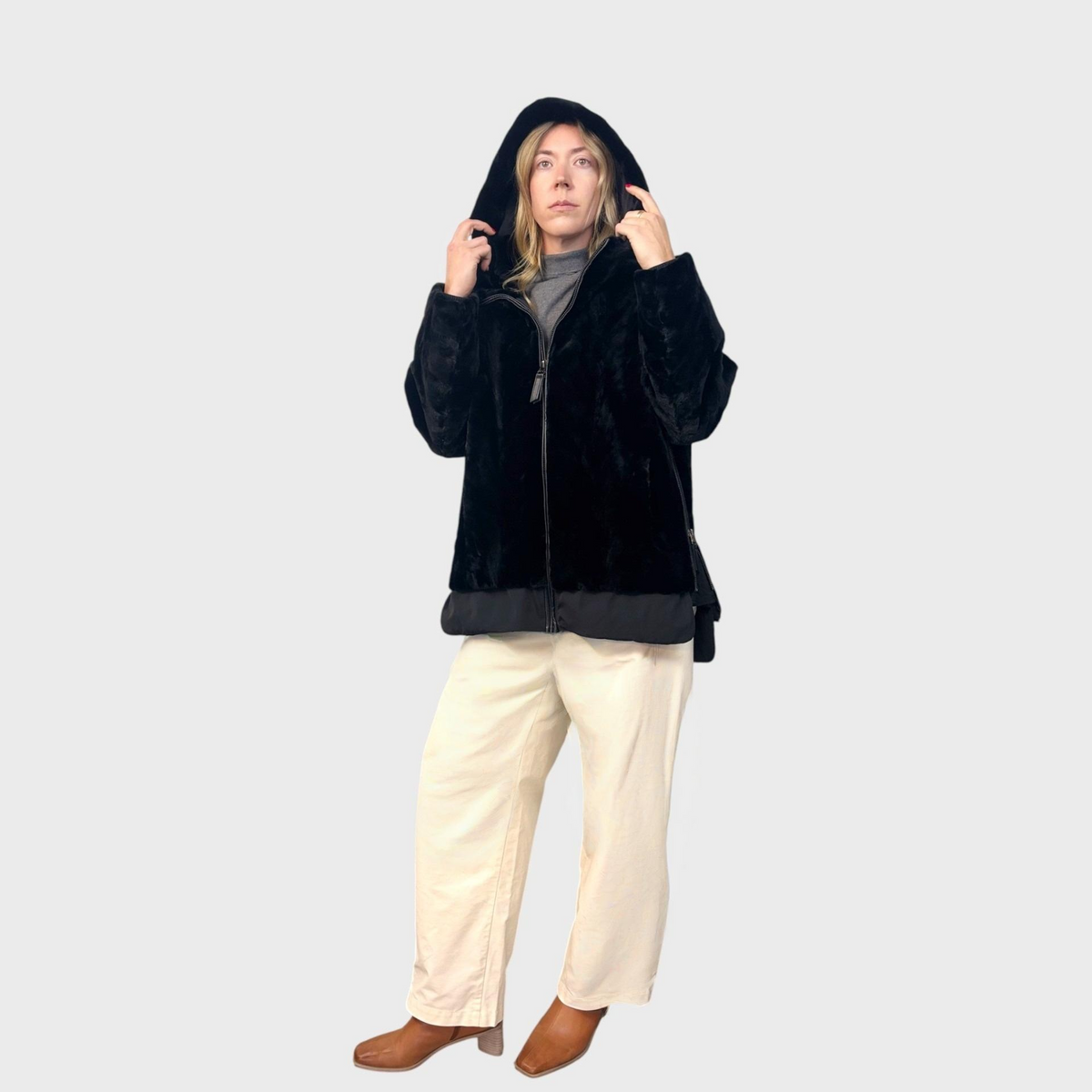 Black Sheared Mink Paw Hooded Jacket - Zipper Details