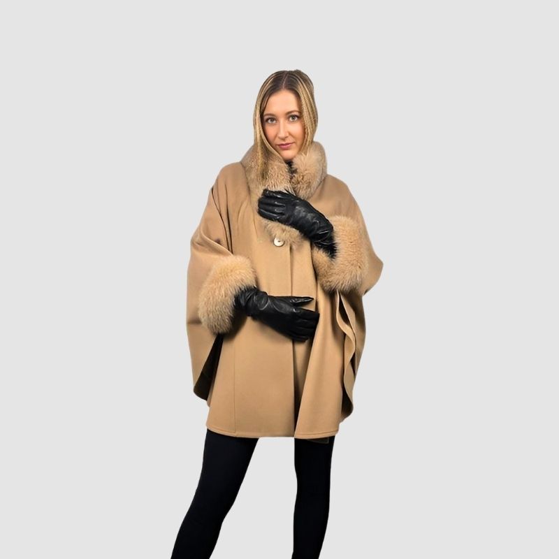 Beige Fine Wool Cape - Fox Trim