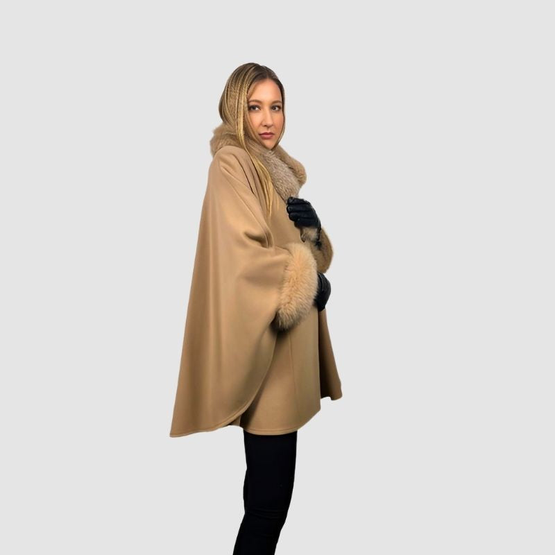 Beige Fine Wool Cape - Fox Trim