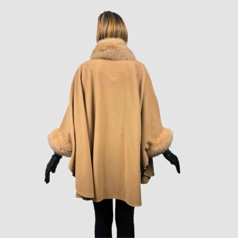 Beige Fine Wool Cape - Fox Trim