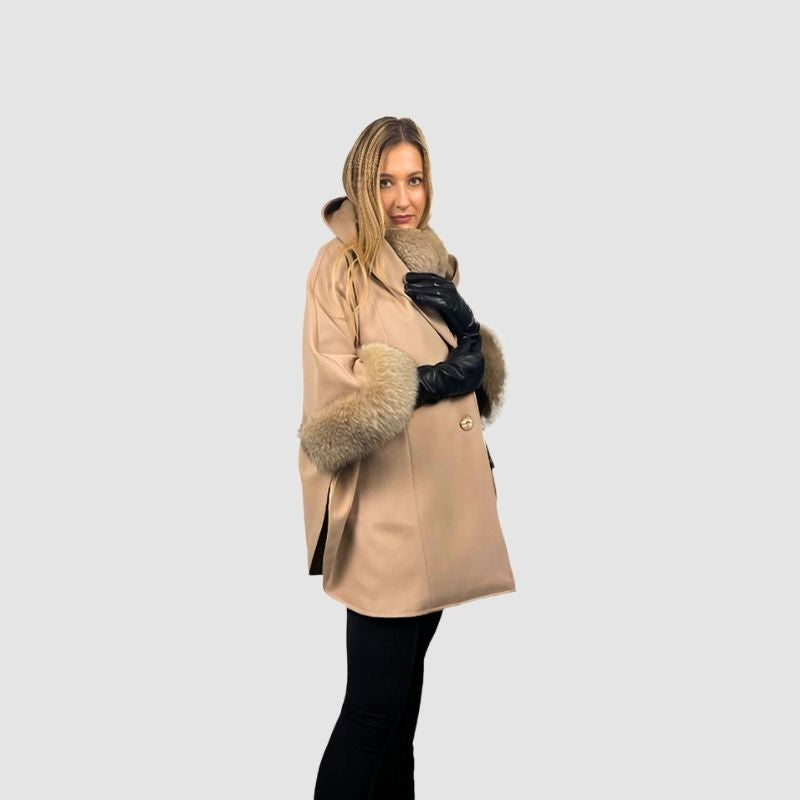 Beige Loro Piana Fine Wool Cape - Fox Trim