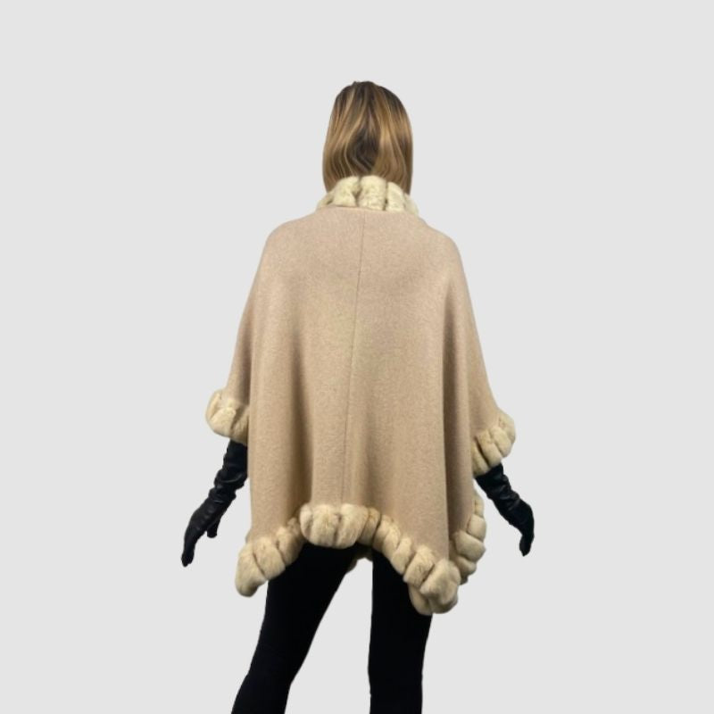Beige Wool Cape & Rex Rabbit Trim