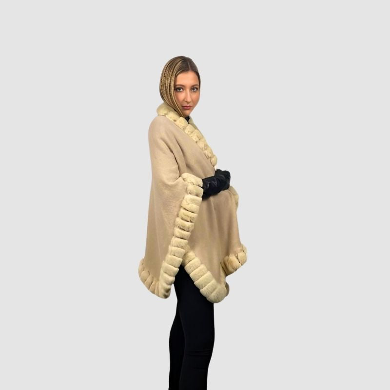 Beige Wool Cape & Rex Rabbit Trim