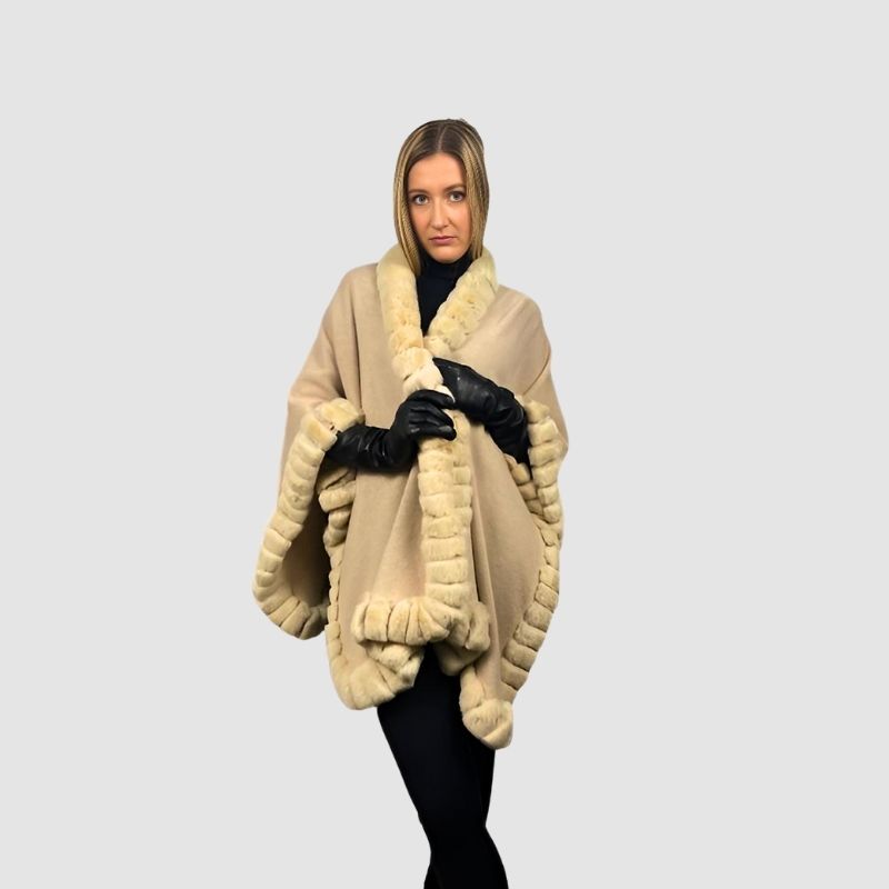 Beige Wool Cape & Rex Rabbit Trim