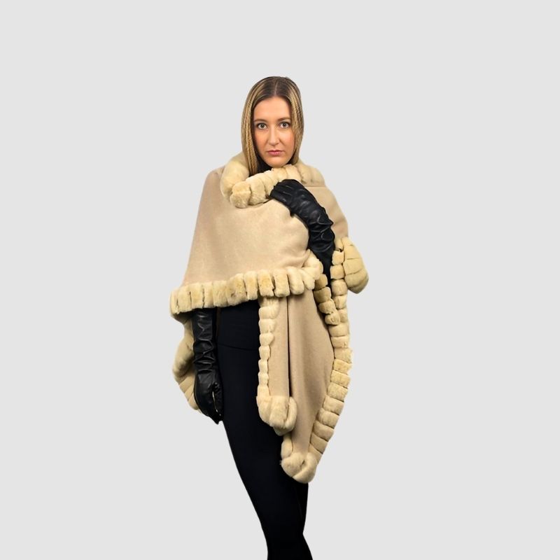 Beige Wool Cape & Rex Rabbit Trim