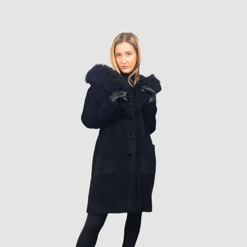 Black Alpaca Wool Hooded coat - Lamb Trim