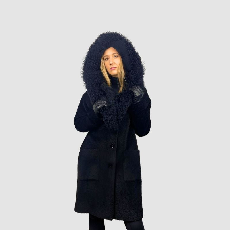 Black Alpaca Wool Hooded coat - Lamb Trim