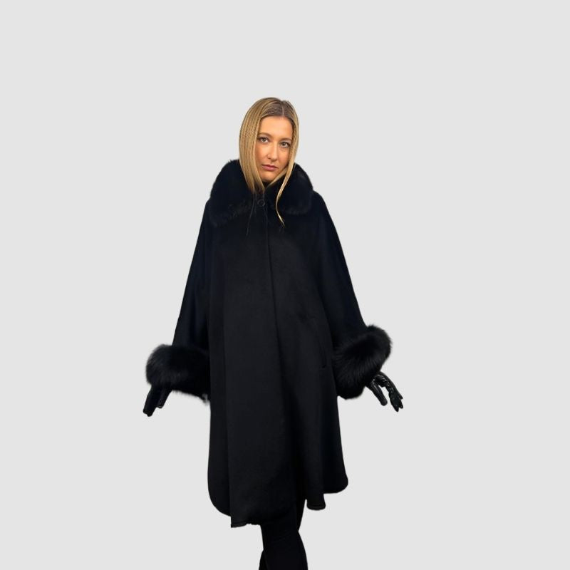 Black Baby Suri Oversize Long Cape - Fox Trim