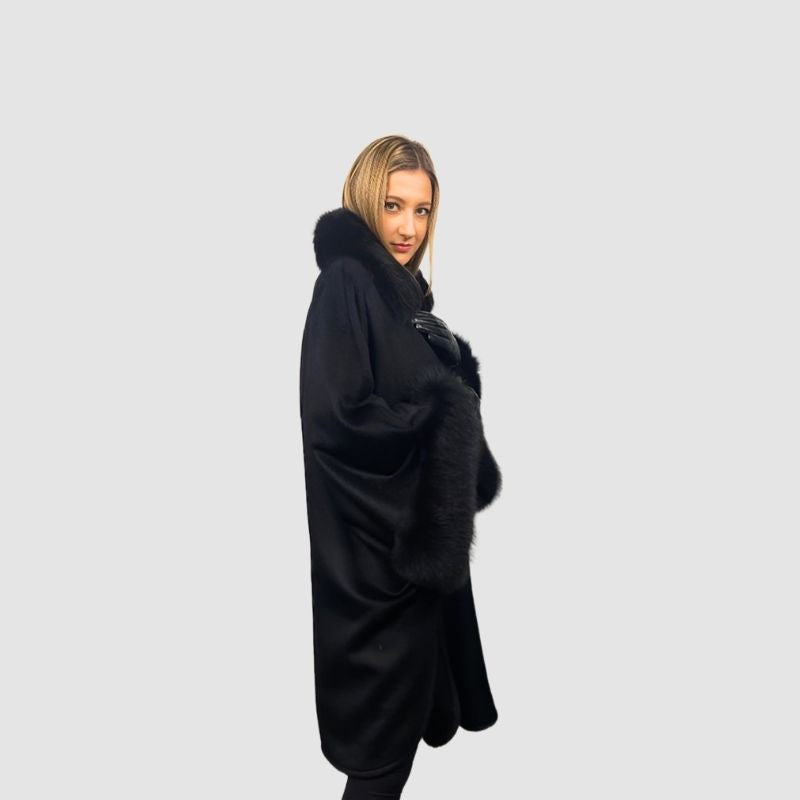 Black Baby Suri Oversize Long Cape - Fox Trim