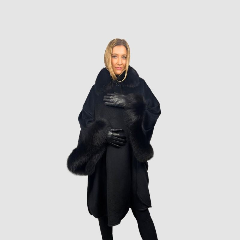 Black Baby Suri Oversize Long Cape - Fox Trim