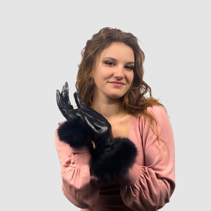 Black Leather Gloves - Black Fox Trim
