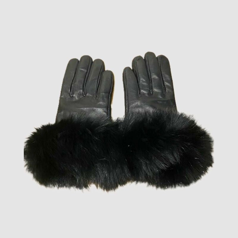 Black Leather Gloves - Black Fox Trim