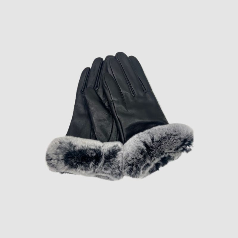Black Leather Gloves Rex Chinchilla Trim