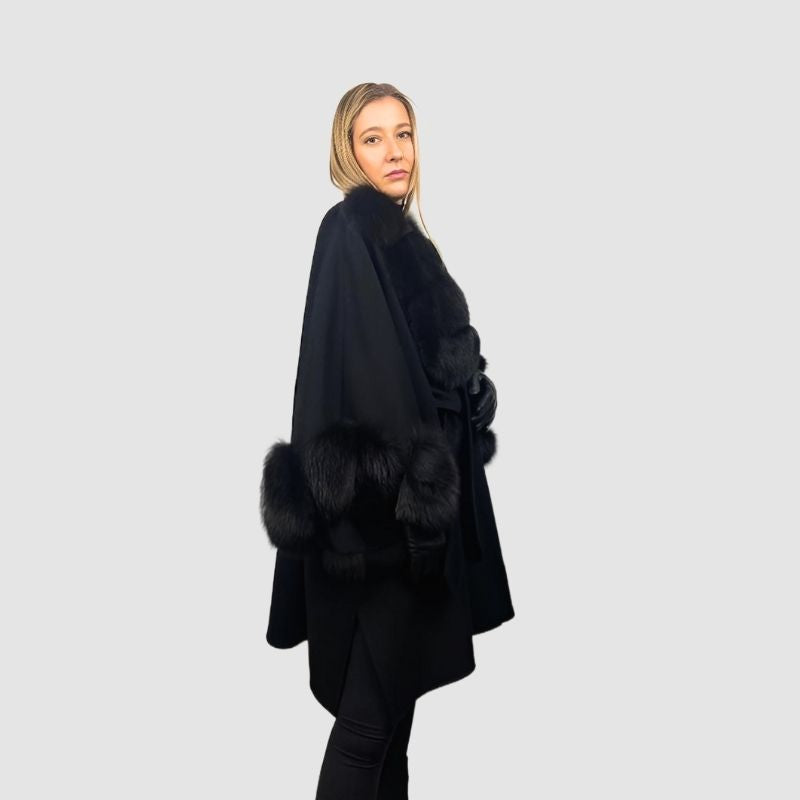 Black Loro Piana Fine Wool Long Cape - Fox Trim