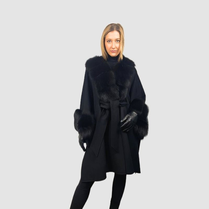 Black Loro Piana Fine Wool Long Cape - Fox Trim