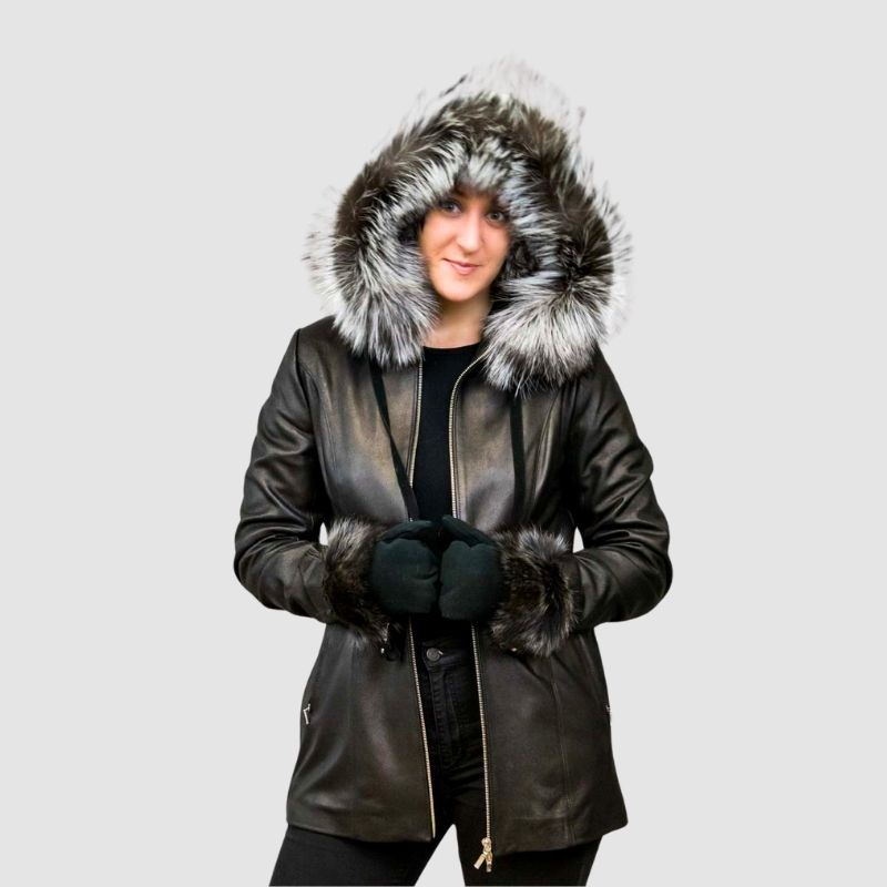 Black Silk Leather Jacket - Silver Fox Trim