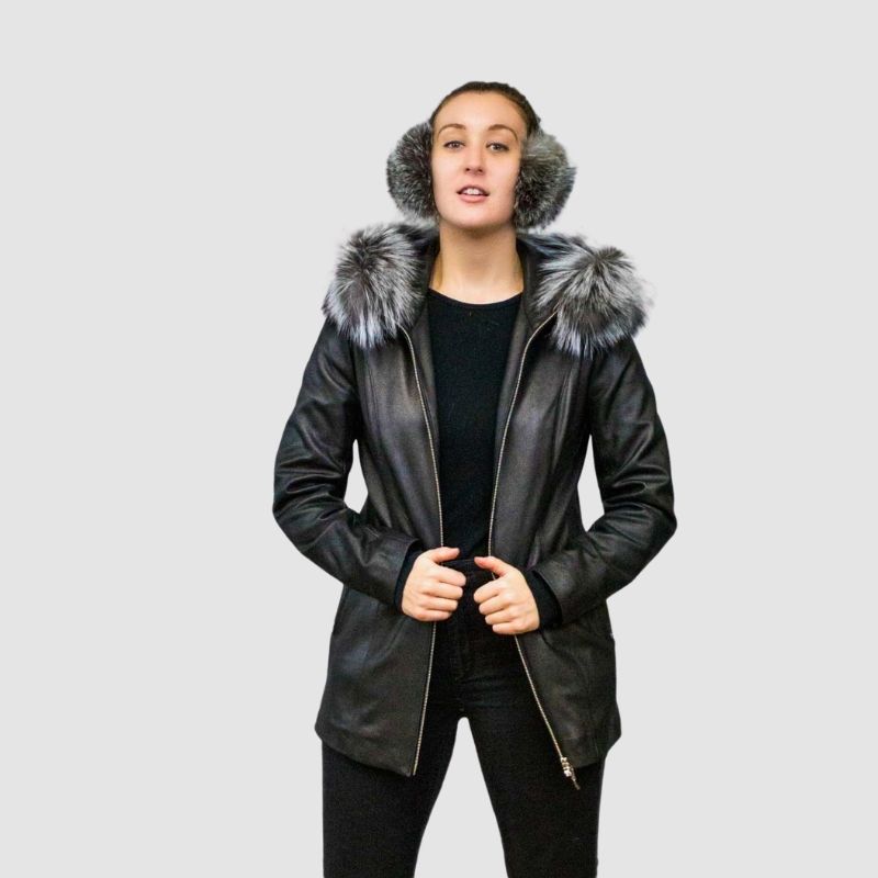 Black Silk Leather Jacket - Silver Fox Trim