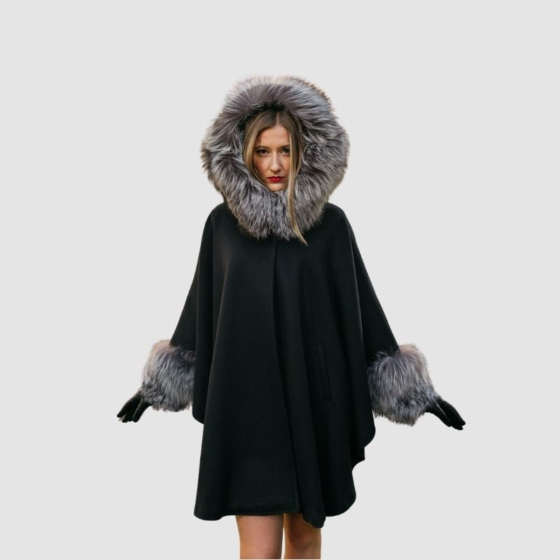 Black Wool Hooded Cape - Silver Fox Trim