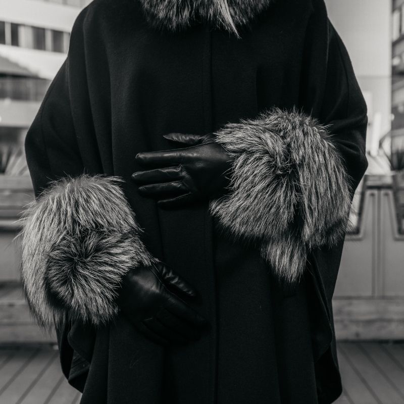 Black Wool Hooded Cape - Silver Fox Trim