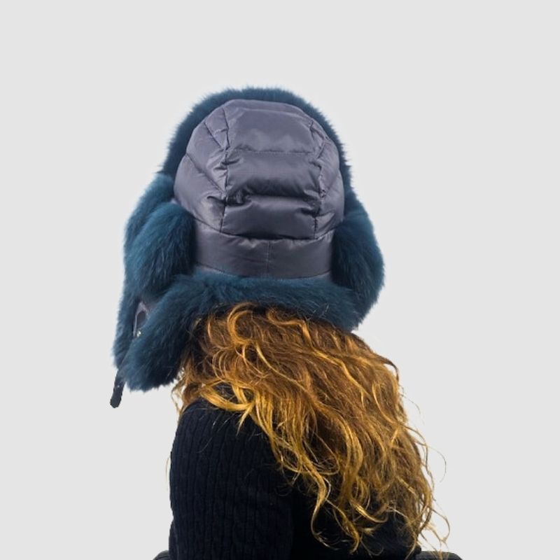 Blue Grey Fox & Fabric Aviator Style Hat