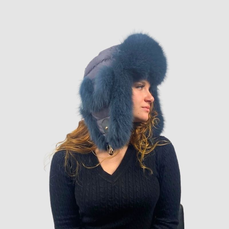 Blue Grey Fox & Fabric Aviator Style Hat