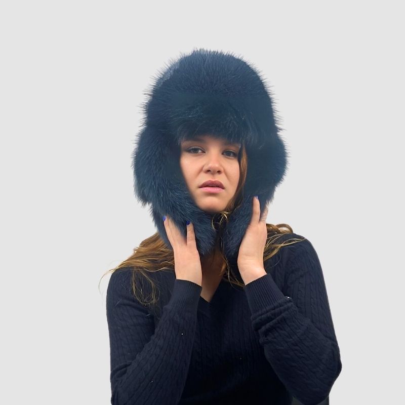 Blue Grey Fox & Fabric Aviator Style Hat