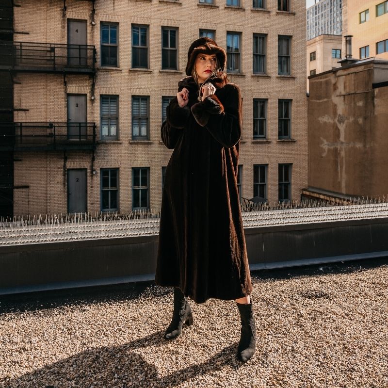 Brown Dyed Sheared Long Mink Coat - Mahogany Mink Collar & Cuffs