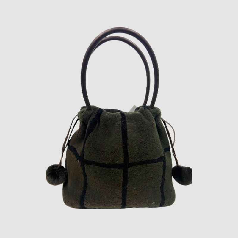 Brown/Black Shearling Luxe Handbag Leather Handle, Pom Pom