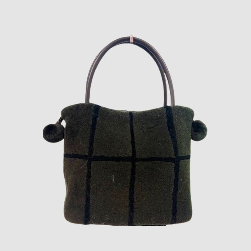 Brown/Black Shearling Luxe Handbag Leather Handle, Pom Pom