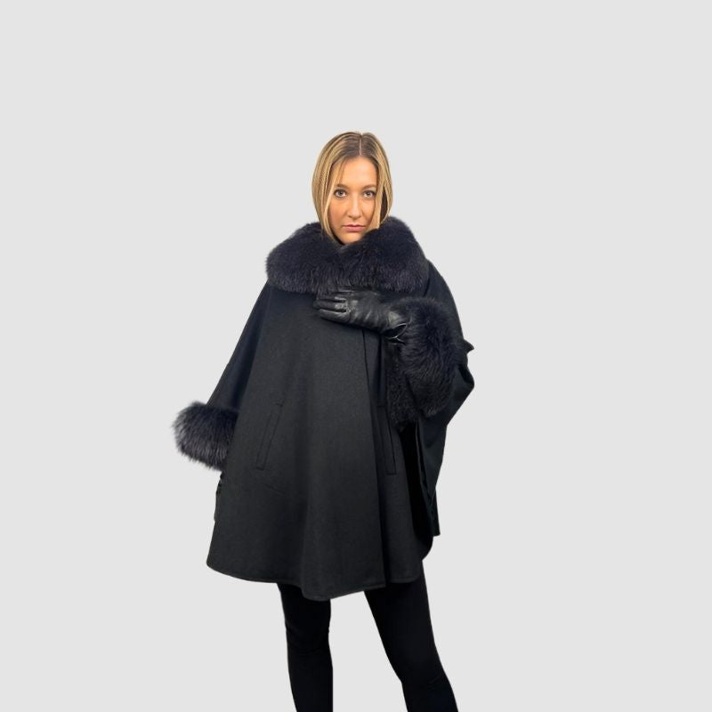Charcoal Grey Loro Piana Fine Wool Cape - Fox trim