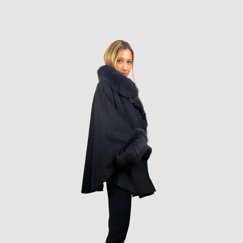 Charcoal Grey Loro Piana Fine Wool Cape - Fox trim