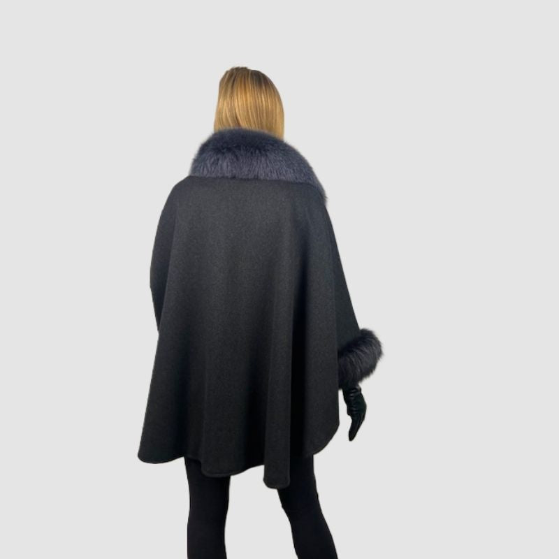 Charcoal Grey Loro Piana Fine Wool Cape - Fox trim