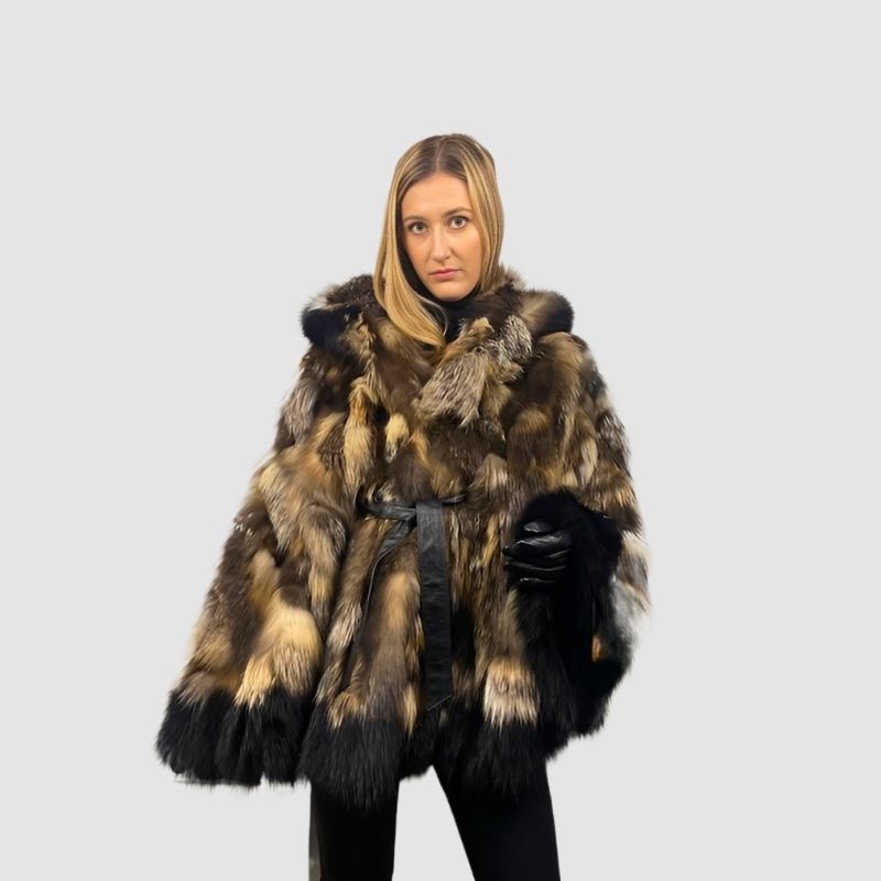 Cross Fox Patch Work Cape - Black Fox Trim