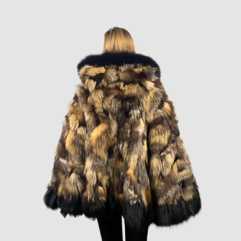 Cross Fox Patch Work Cape - Black Fox Trim