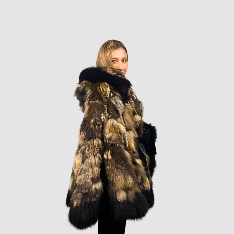 Cross Fox Patch Work Cape - Black Fox Trim
