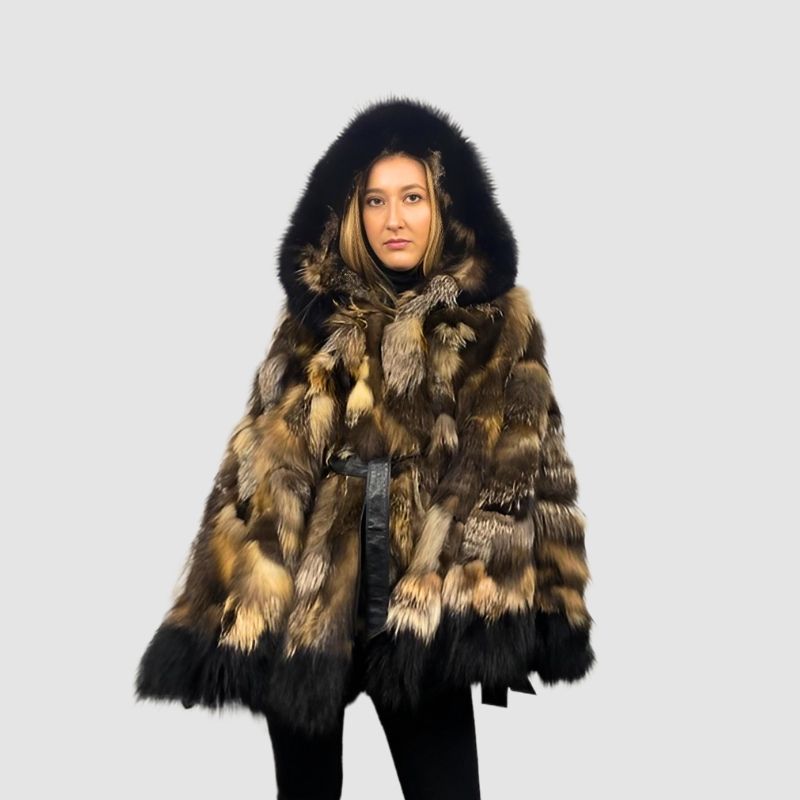 Cross Fox Patch Work Cape - Black Fox Trim