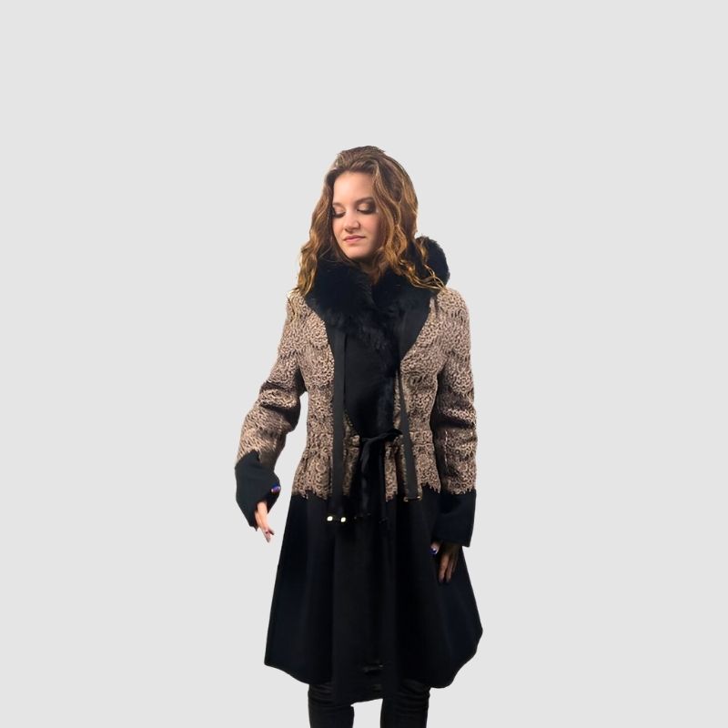 Double Cashmere & Lace Jacket Cinnamon Brown - Black Fox Collar