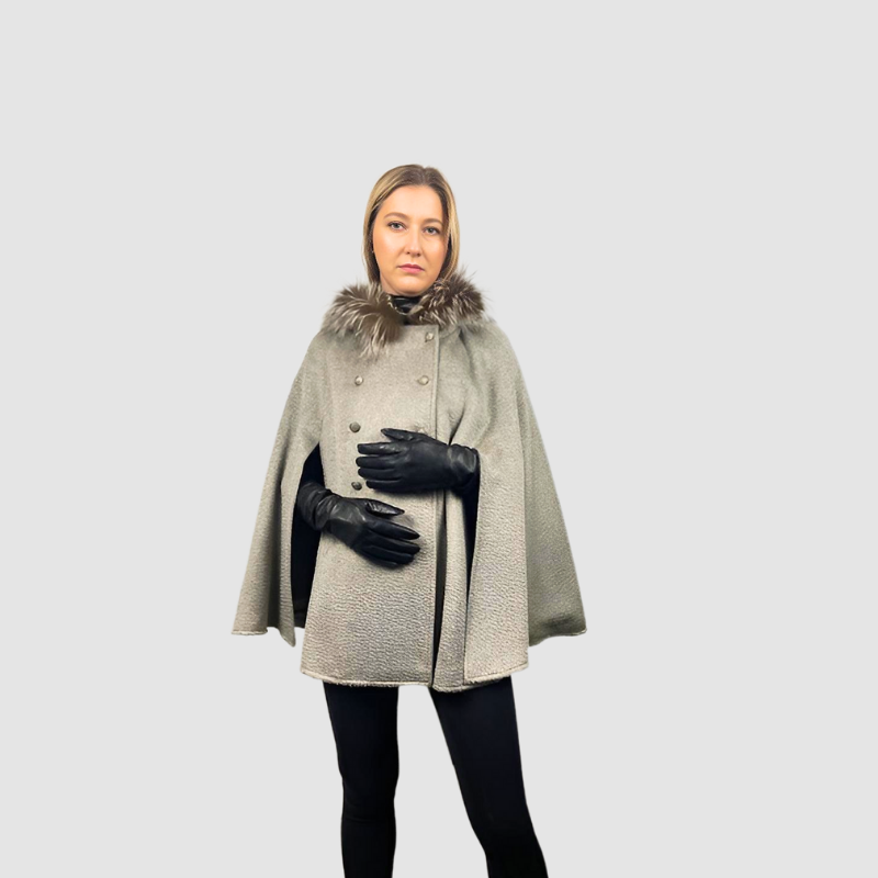Grey Baby Alpaca Hooded Cape - Fox Trim