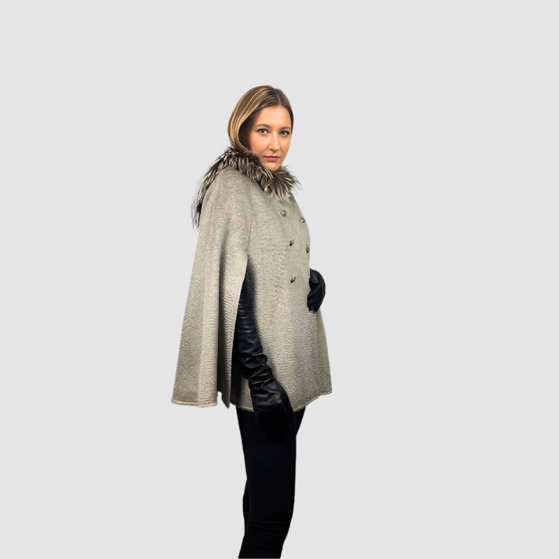 Grey Baby Alpaca Hooded Cape - Fox Trim