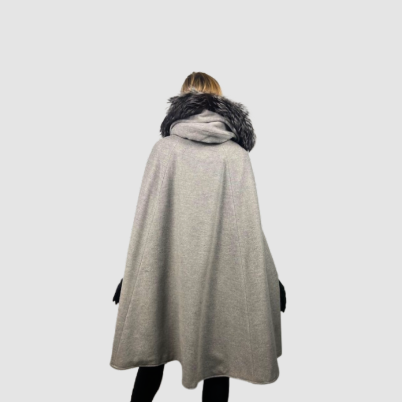 Grey Wool & Cashmere Blend Hooded Long Cape