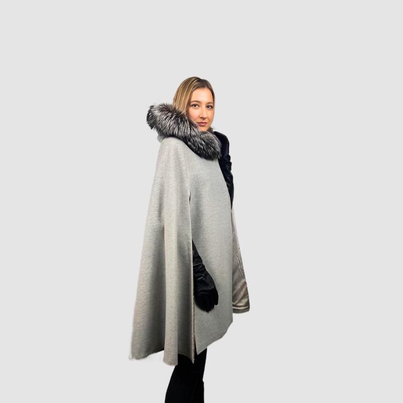 Grey Wool & Cashmere Blend Hooded Long Cape