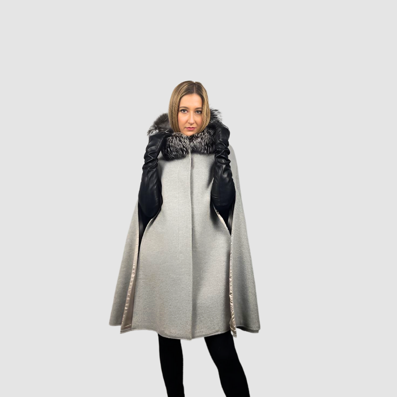 Grey Wool & Cashmere Blend Hooded Long Cape