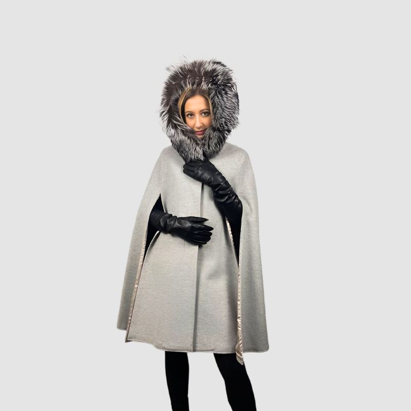 Grey Wool & Cashmere Blend Hooded Long Cape