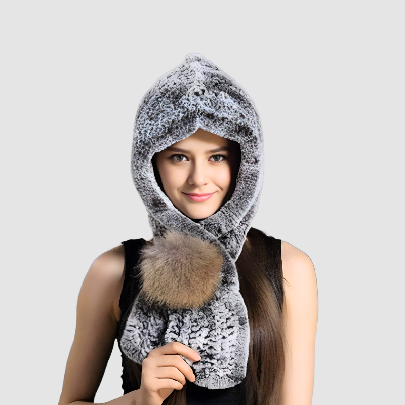 Knit Rex Hood/Scarf with Fur Pompom