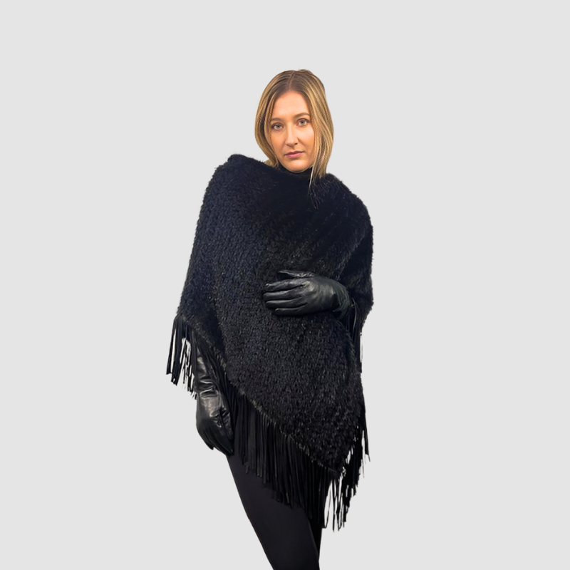 Knitted Mink Poncho - Suede Fringe