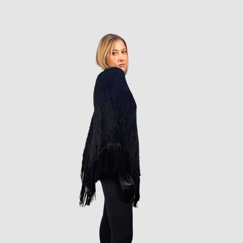 Knitted Mink Poncho - Suede Fringe