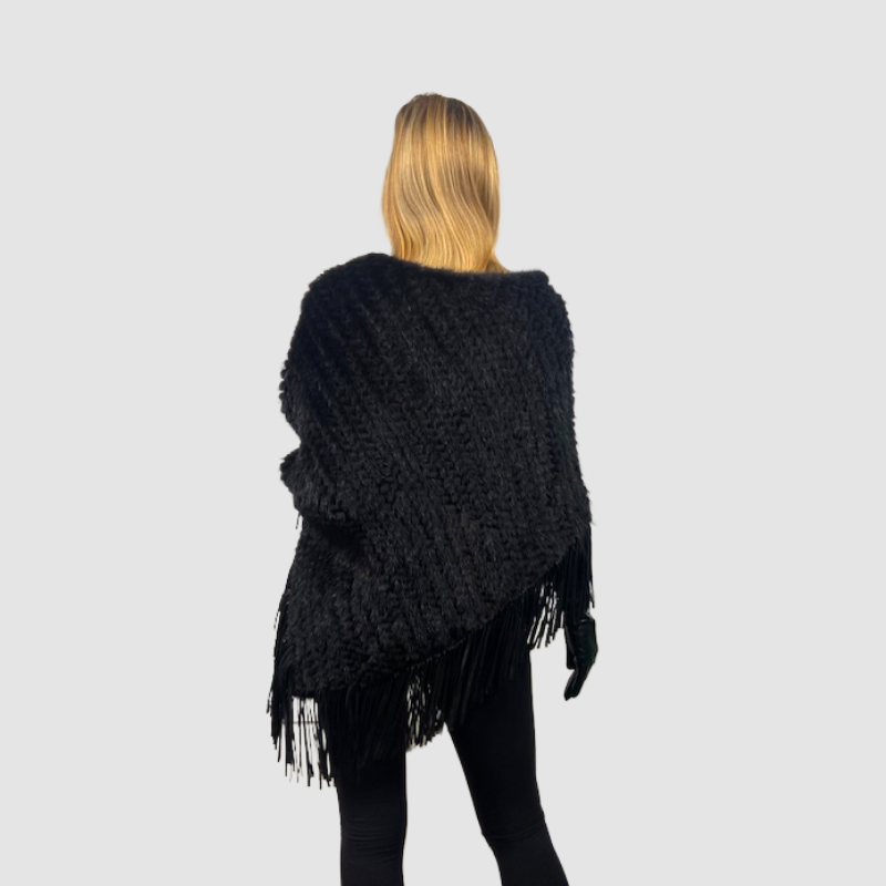 Knitted Mink Poncho - Suede Fringe