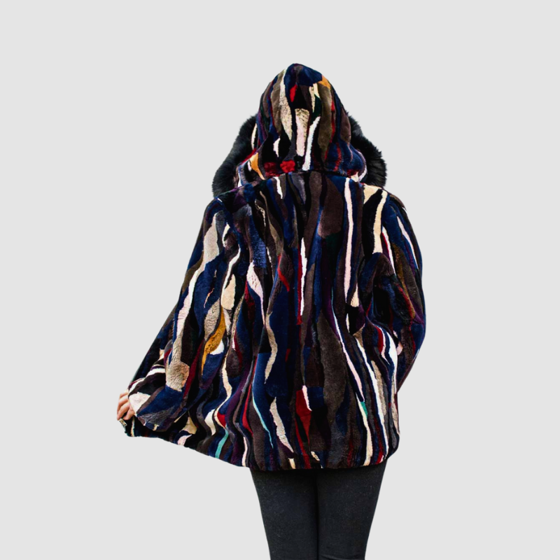 Multicolored Sheared Beaver Jacket - Detachable Hood - Zipper Fronts