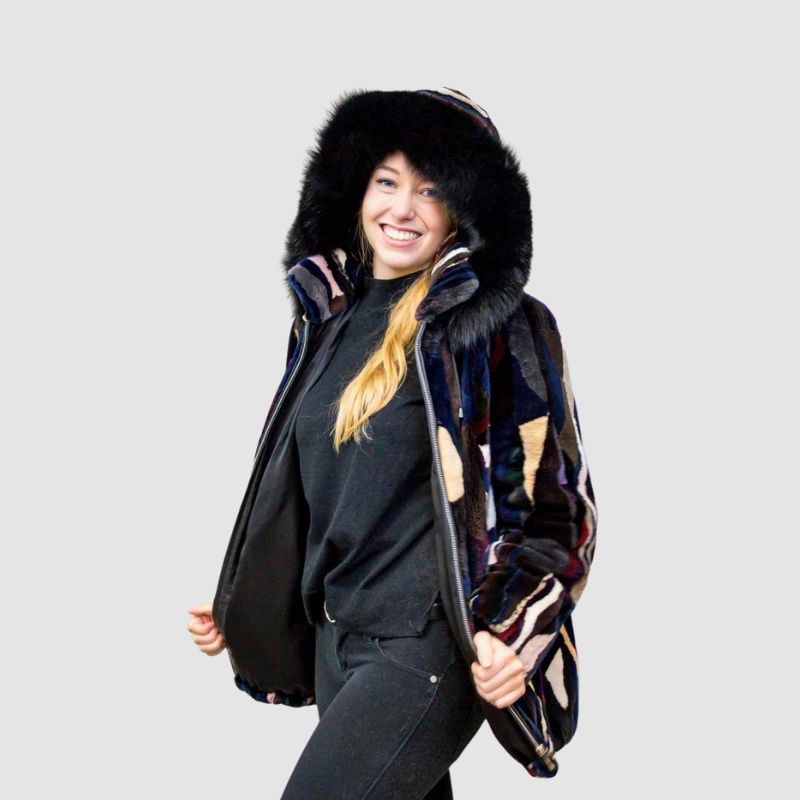 Multicolored Sheared Beaver Jacket - Detachable Hood - Zipper Fronts