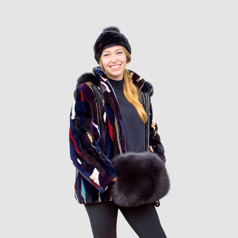 Multicolored Sheared Beaver Jacket - Detachable Hood - Zipper Fronts